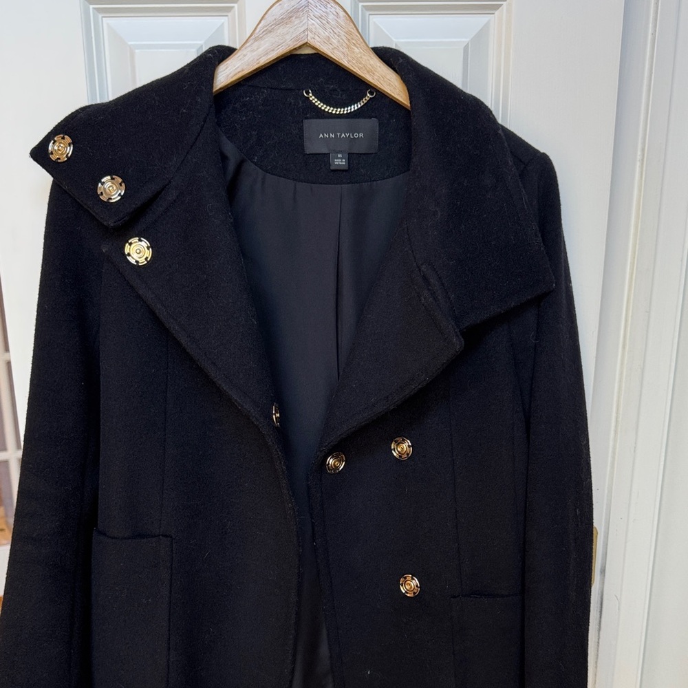 Ann Taylor Classic Black Pea Coat with Gold Buttons